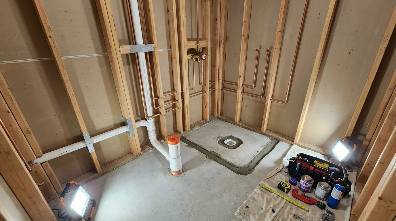Bathroom rough-in plumbing during remodel by Johns Plumbing LLC in Picayune