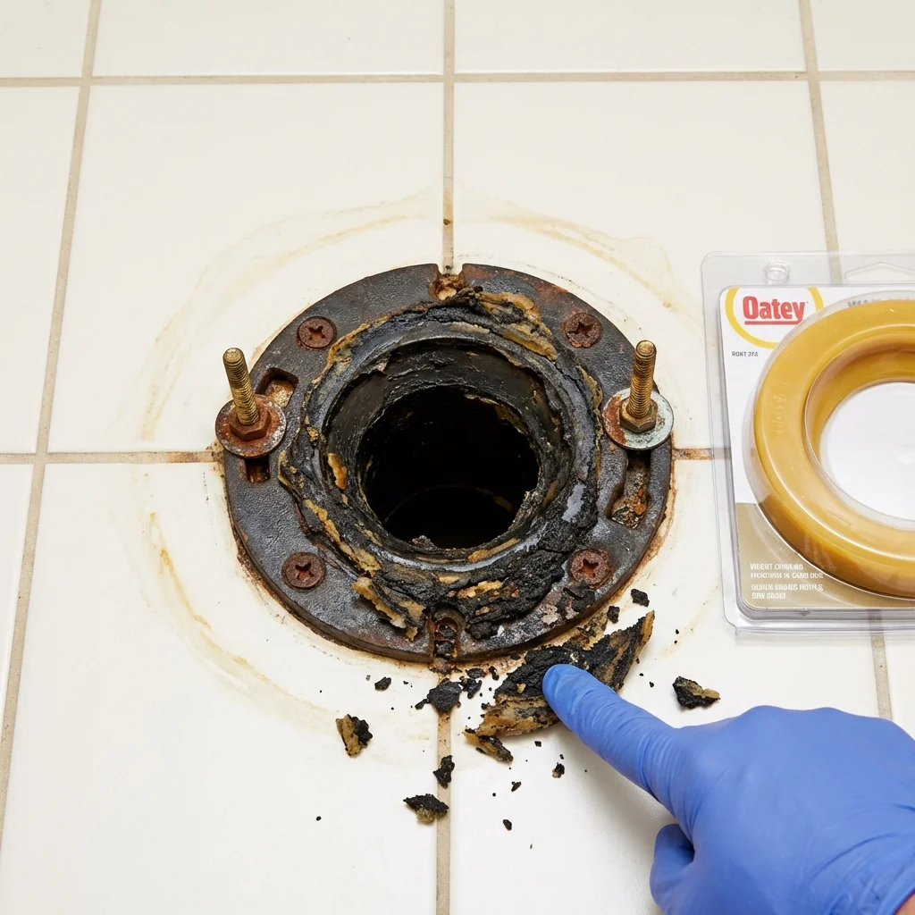 Failed wax ring showing water seepage at the base of a toilet in a Picayune, MS home